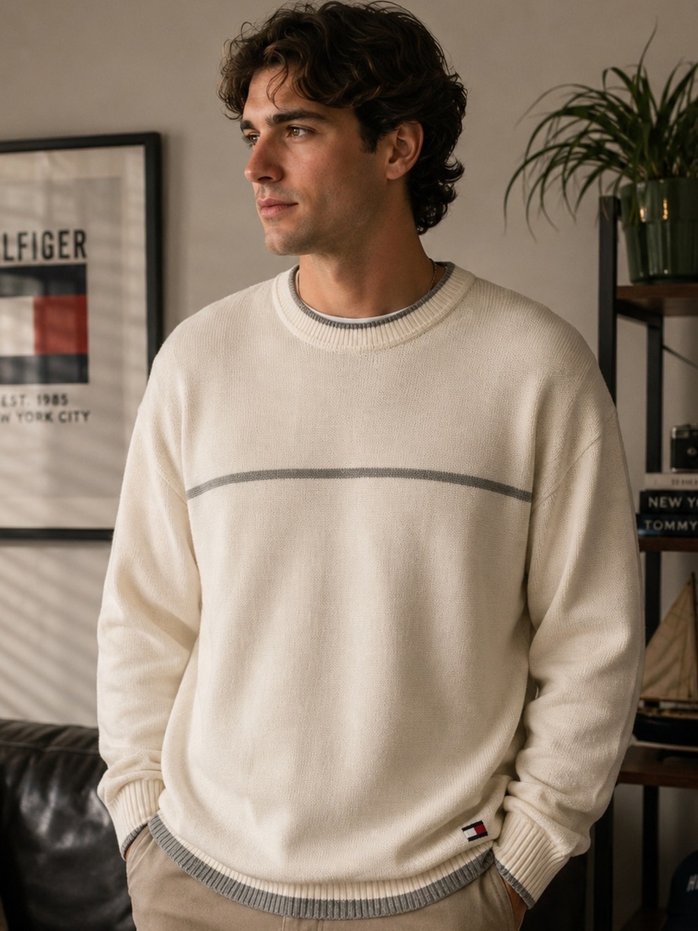 Vintage Tommy Hilfiger Men’s 100% Cotton Crewneck Sweater in Cream/Gray - XL